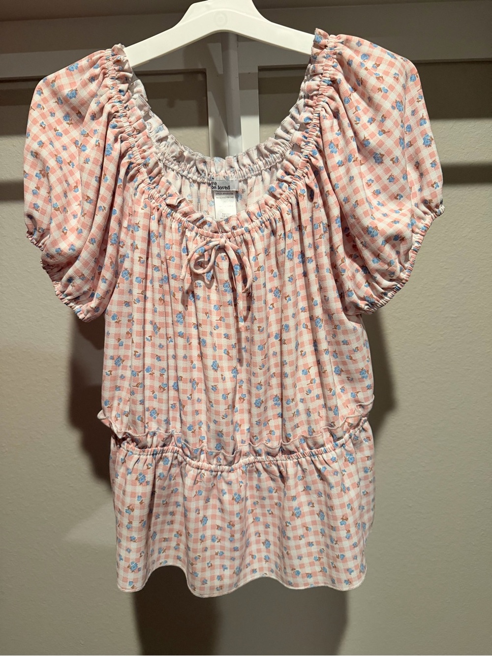 Love Pink Checkered Floral Peasant Tunic